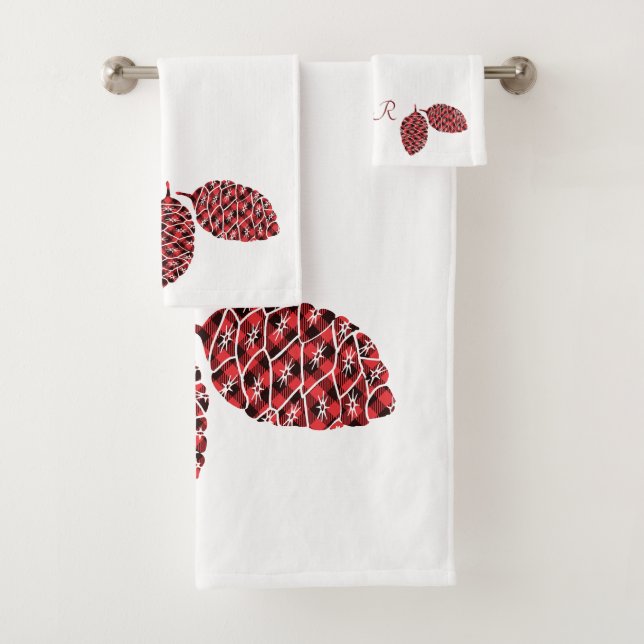 Pine Cones  Red and Black Buffalo Plaid Bath Towel Set (Insitu)