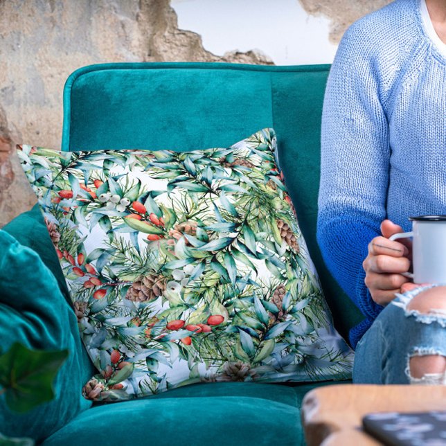 Pine Cones Winter Berries Festive Holiday Floral Cushion (Creator Uploaded)