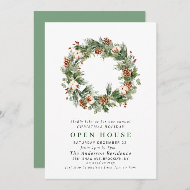 Pine Cones Wreath Holiday CHRISTMAS OPEN HOUSE Invitation (Front/Back)