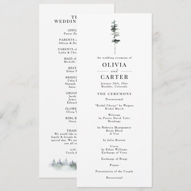 Pine Crest Wedding Program Programme (Front/Back)