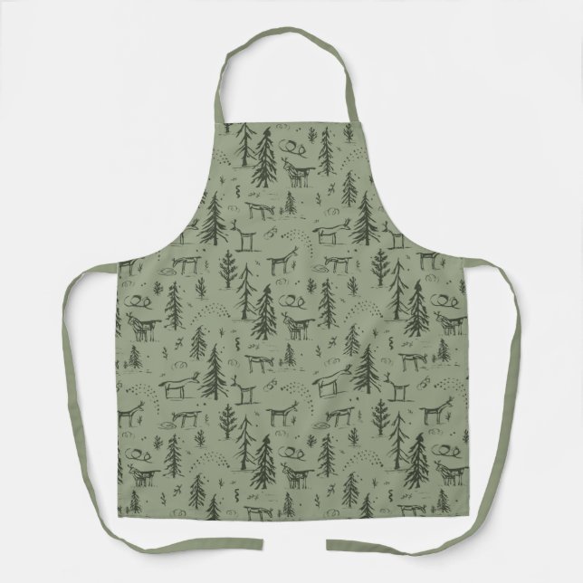 Pine Deer Lake Life - sage green woodland pattern. Apron (Front)