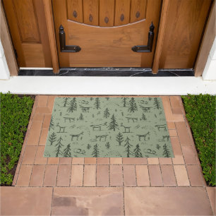 Pine Deer Lake Life - sage green woodland pattern. Doormat