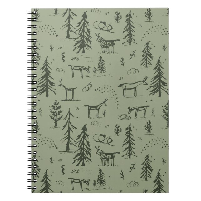 Pine Deer Lake Life - sage green woodland pattern. Notebook (Front)