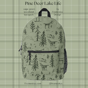 Pine Deer Lake Life - sage green woodland pattern. Printed Backpack