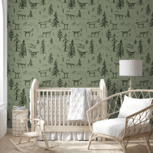 Pine Deer Lake Life - sage green woodland pattern. Wallpaper