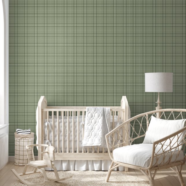 Pine Deer Plaid - sage green cabincore tartan.  Wallpaper (Kids)