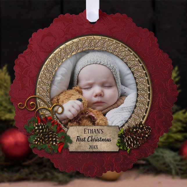 Pine & Elegant Gold Frame First Christmas Photo Tree Decoration Card (Creator Uploaded)