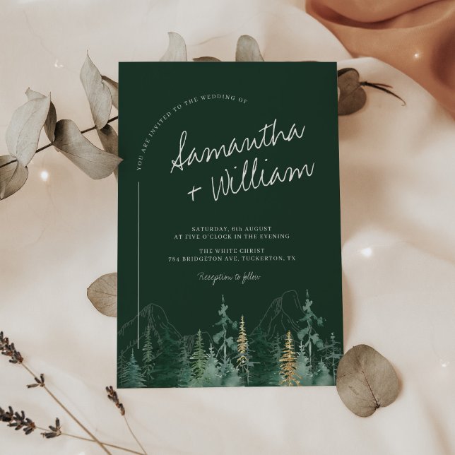 PINE Emerald Green and Gold Mountains Wedding  Invitation (Creator Uploaded)