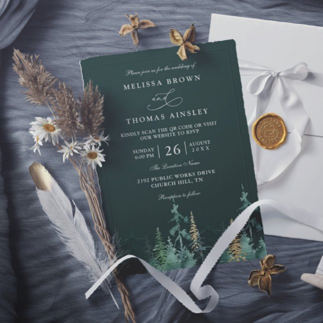 PINE Emerald Green and Gold QR Code Wedding Invitation (Creator Uploaded)