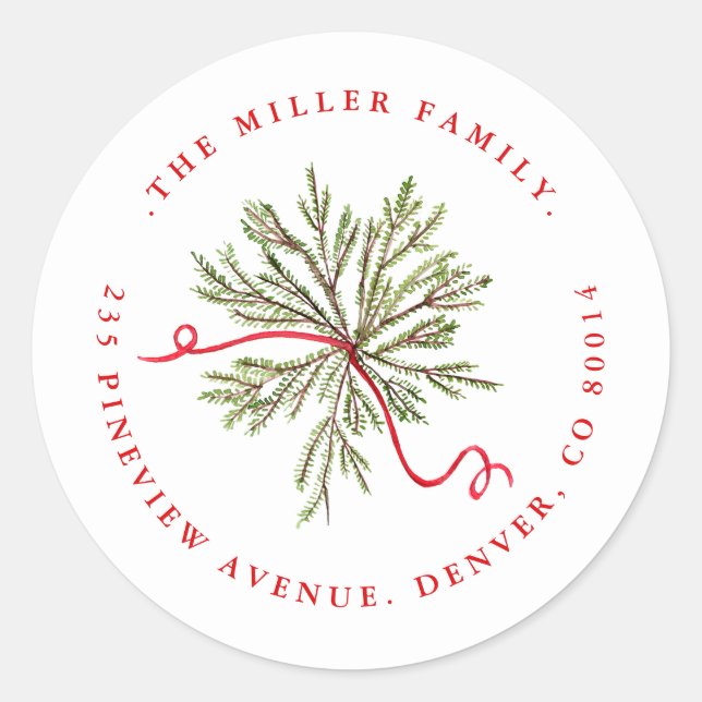 Pine Foliage with Ribbon Holiday Address  Classic Round Sticker (Front)