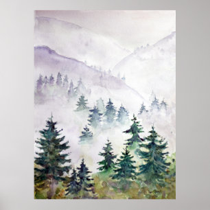 pine forest after sunset hand painted watercolor  poster
