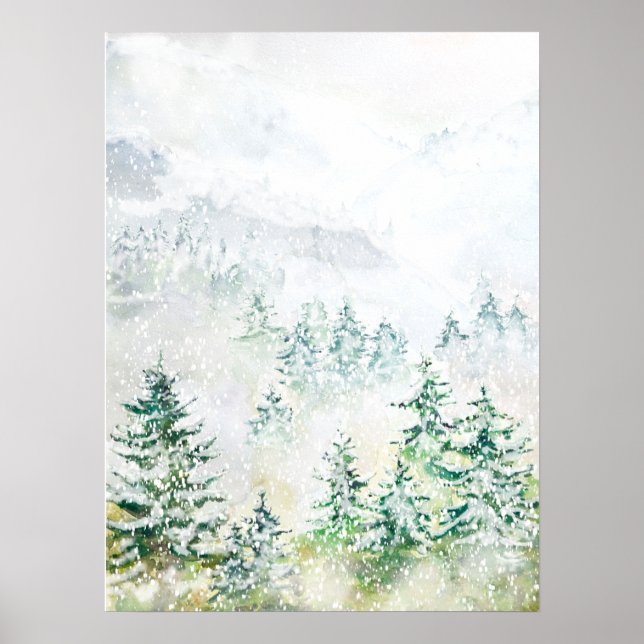  pine forest covered by snow watercolor  poster (Front)