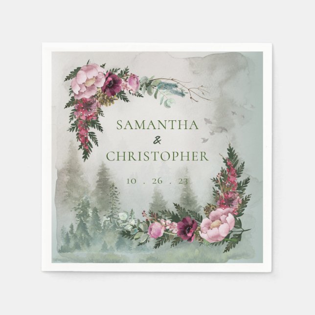 Pine Forest Dusty Rose Watercolor Wedding Napkin (Front)
