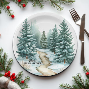 Pine Forest in Snow Winter Bridal Shower Paper Plate