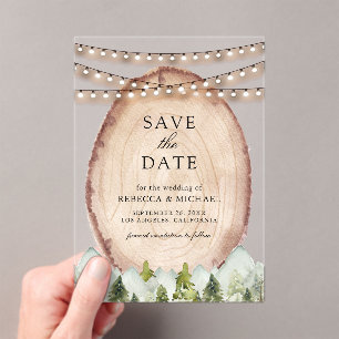 Pine Forest Wood Slice Wedding Save the Date Acrylic Invitations