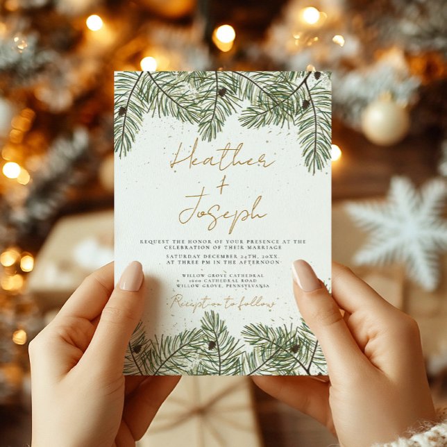 Pine & Gold Christmas Foliage Festive Wedding Invitation (Creator Uploaded)