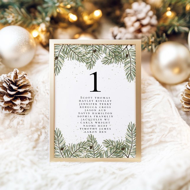 Pine & Gold Christmas Foliage Wedding Names Table Number (Creator Uploaded)