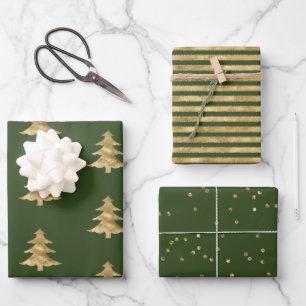 Pine Gold Christmas Tree Stripes Sparkle     Wrapping Paper Sheet