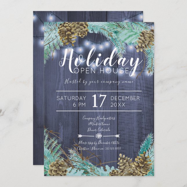 Pine green branches with cones holiday open house invitation (Front/Back)
