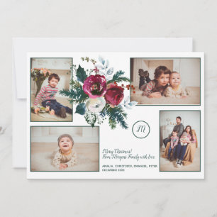 Pine Green Christmas Classy Monogram Photo Collage Holiday Card