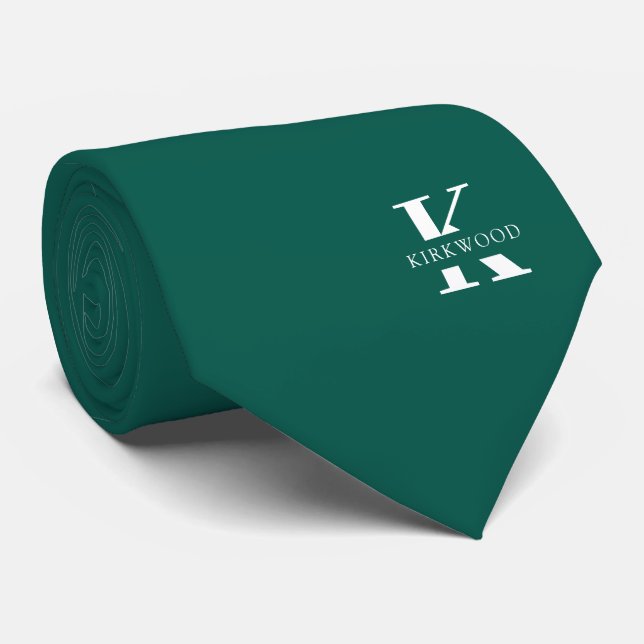 Pine Green Elegant Monogram + Name | One-Sided Tie (Rolled)