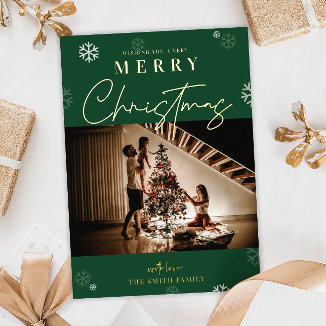 Pine Green & Gold Christmas One Family Photo (Spread the festive cheer with these elegant pin green and gold foil holiday photo cards)