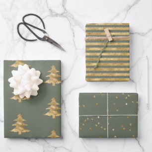 Pine Green Gold Christmas Tree Stripes Sparkle Wrapping Paper Sheet