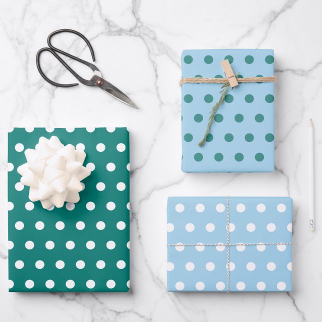 Pine Green Ice Blue white polka dot Wrapping Paper Sheet (Front)