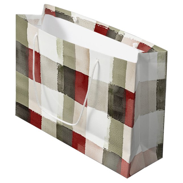 Pine Green Ivory Red Stripes Christmas Large Gift Bag (Front Angled)