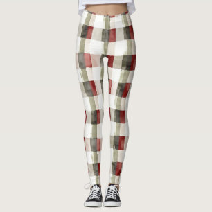 Pine Green Ivory Red Stripes Christmas Leggings