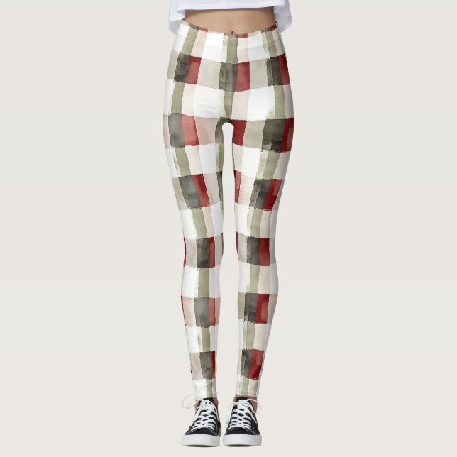 Pine Green Ivory Red Stripes Christmas Leggings (Front)