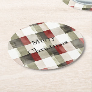 Pine Green Ivory Red Stripes  Round Paper Coaster