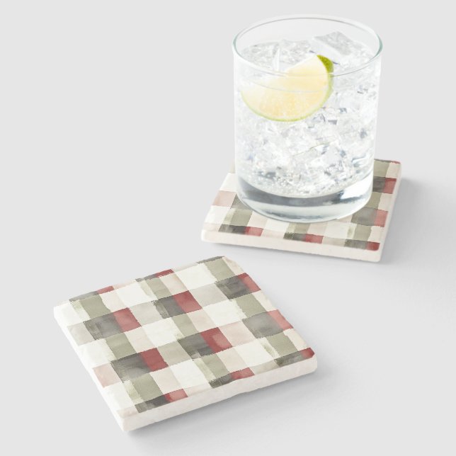 Pine Green Ivory Red Stripes  Stone Coaster (Side)