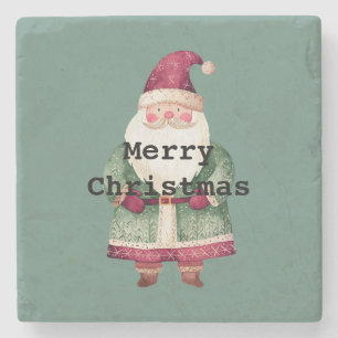 Pine Green Red Merry Christmas Santa Stone Coaster