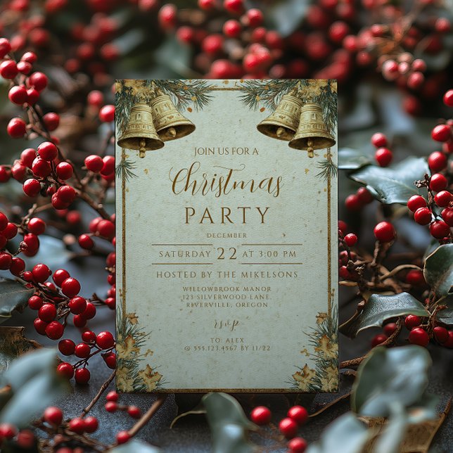 Pine Greenery Gold Bells Invitation (Creator Uploaded)