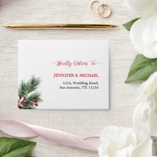 Pine Greenery Red Holly Berries Wedding RSVP Envelope