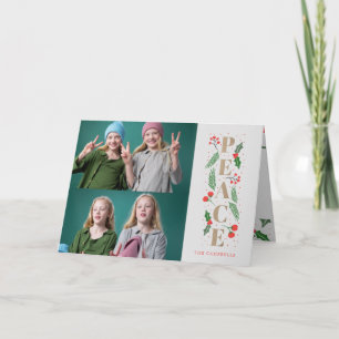 Pine Holly Berry Gold Peace Multiple Photo Holiday Card