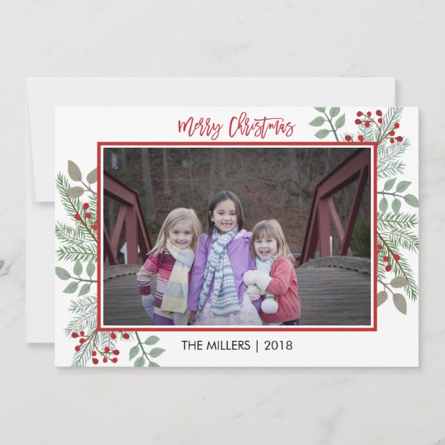 Pine & Holly Rustic Red Gingham Christmas Photo Holiday Card (Front)