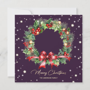 Pine Holly Wreath Purple Photo Merry Christmas Holiday Card