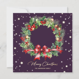 Pine Holly Wreath Purple Photo Merry Christmas Holiday Card