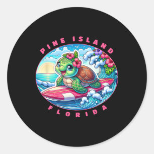 Pine Island Florida Cute Surfing Girl Sea Turtle  Classic Round Sticker