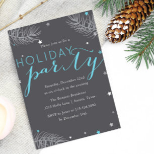 Pine Leaves and Stars Blue Grey Holiday Party Invitation
