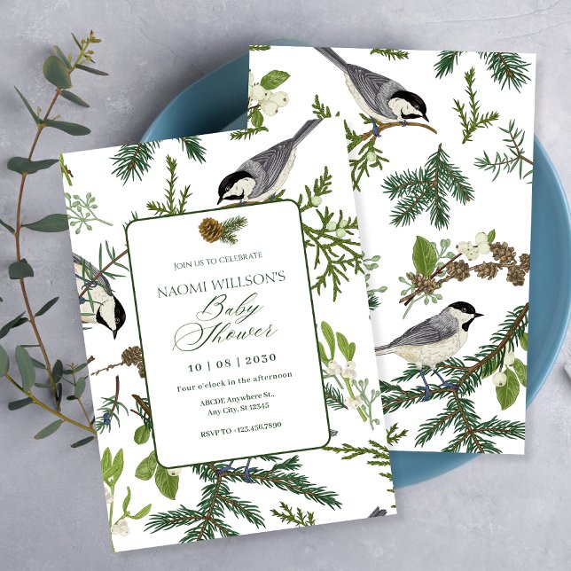 Pine leaves bird baby shower invitation (Creator Uploaded)