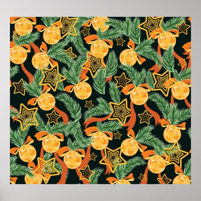 Pine leaves, stars: festive pattern poster (Front)