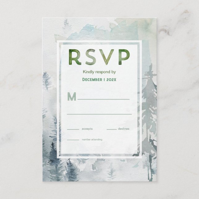 Pine Mountain Watercolor Rustic Spruce Green RSVP Enclosure Card (Front)