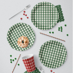 Pine Needle Lane - Pine Green Gingham Pattern Paper Plate
