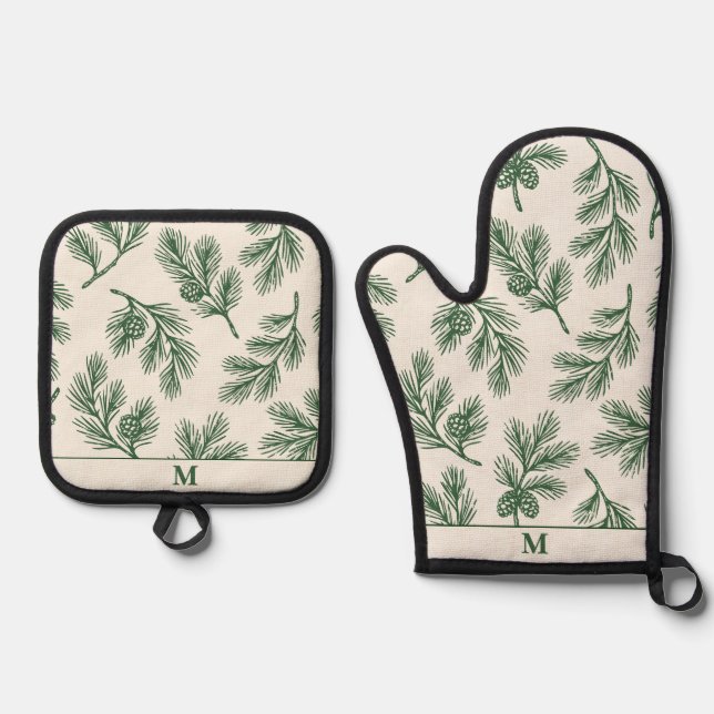 Pine Needle Lane-Pinecone Print & Monogram Accent Oven Mitt & Pot Holder Set (Front)
