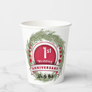 Pine Needle Wreath Red 1st Wedding Anniversary Paper Cups