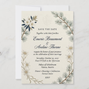 Pine Needles, Edelweiss, White Blossoms, Embossed Invitation