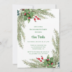 Pine Needles Red Berry Bachelorette Party Invitation